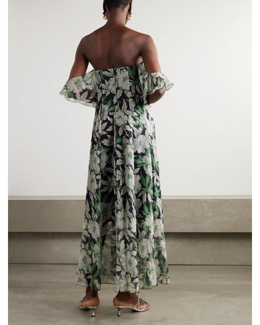 Loewe Green Off-The-Shoulder Floral-Print Silk-Crepon Midi Dress