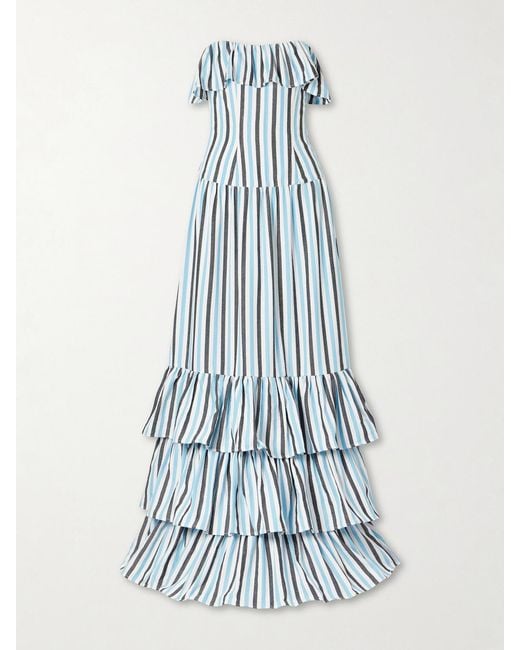 Marrakshi Life Blue Ruffled Striped Cotton Maxi Dress