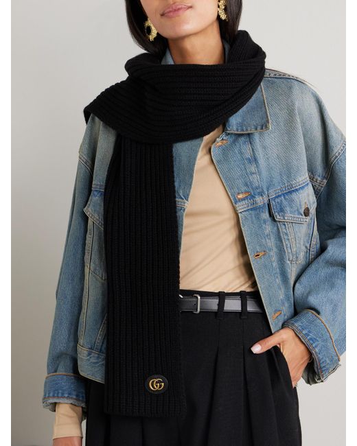Gucci Black Schal Aus Einer Gerippten Woll-Kaschmirmischung Mit Lederbesatz Und Verzierung