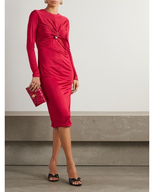 Versace Red Embellished Twist-Front Jersey Midi Dress