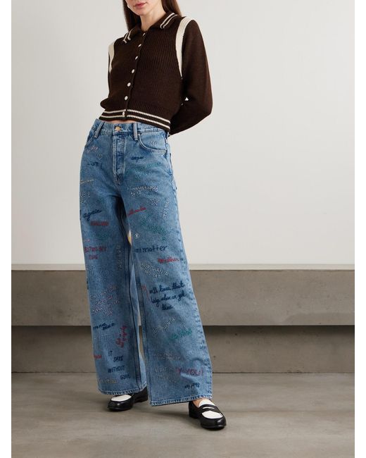 Mother Blue Double Dip Nerdy Embroidered Mid-Rise Wide-Leg Jeans