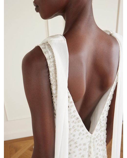 Clio Peppiatt White Kaia Scarf-Detailed Crystal-Embellished Crinkled-Chiffon Gown