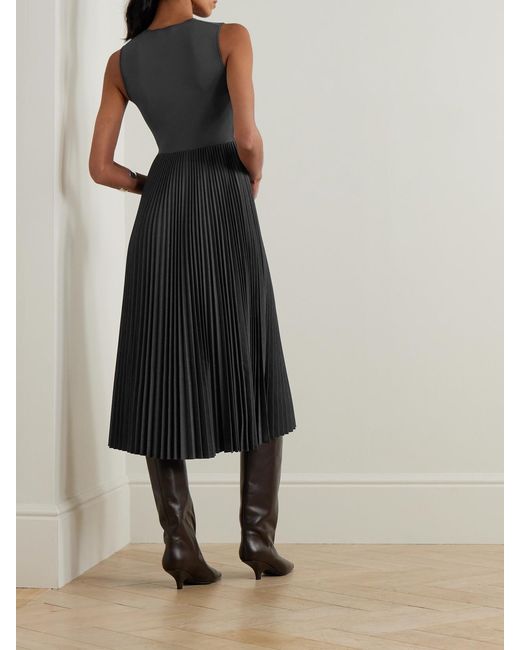 Theory Black Pleated Stretch-Knit And Satin-Crepe Midi Dress