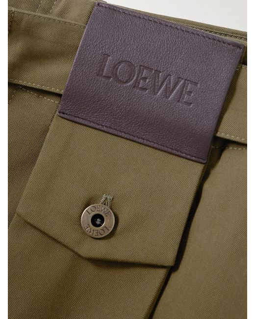 Loewe Green Belted Leather-Trimmed Pleated Cotton And Silk-Blend Pants