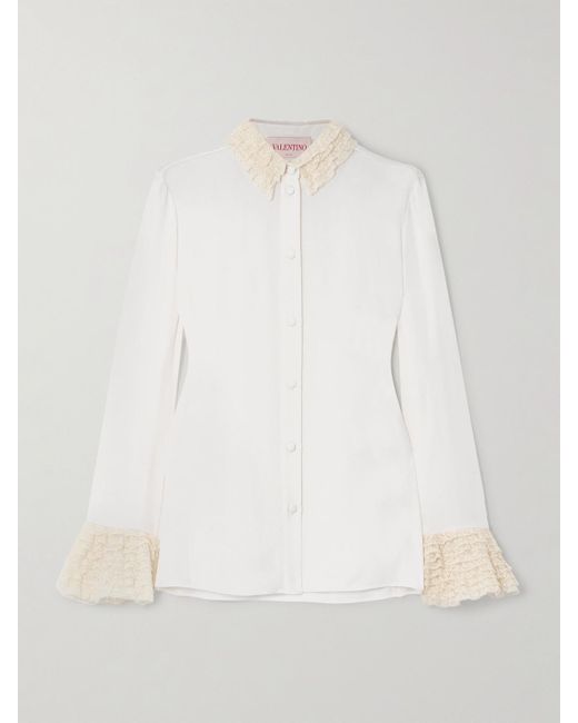 Valentino Garavani White Lace-Trimmed Silk-Georgette Shirt