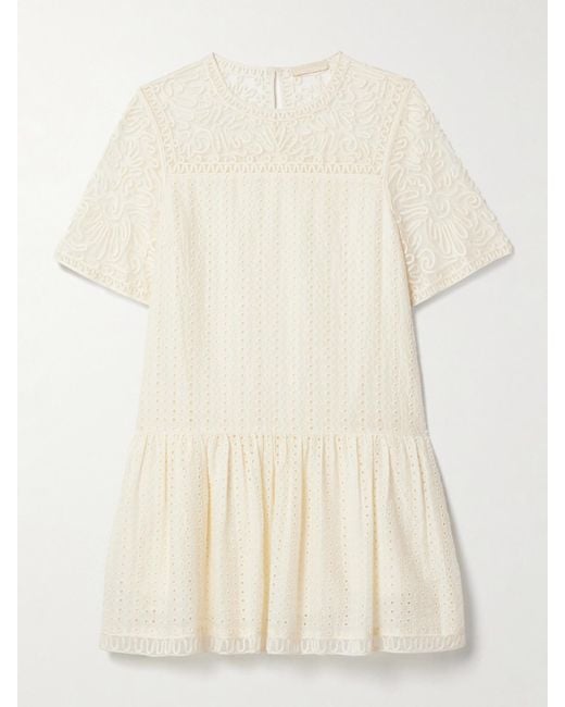 Ulla Johnson Natural Gabi Minikleid Aus Einer Baumwoll-Seidenmischung Mit Lochstickerei Und Tüllbesätzen