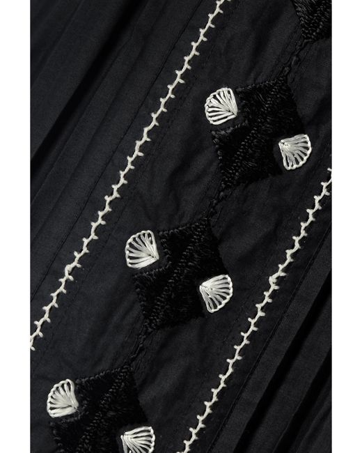 Ulla Johnson Black Sabina Pleated Embroidered Cotton-Poplin Midi Skirt