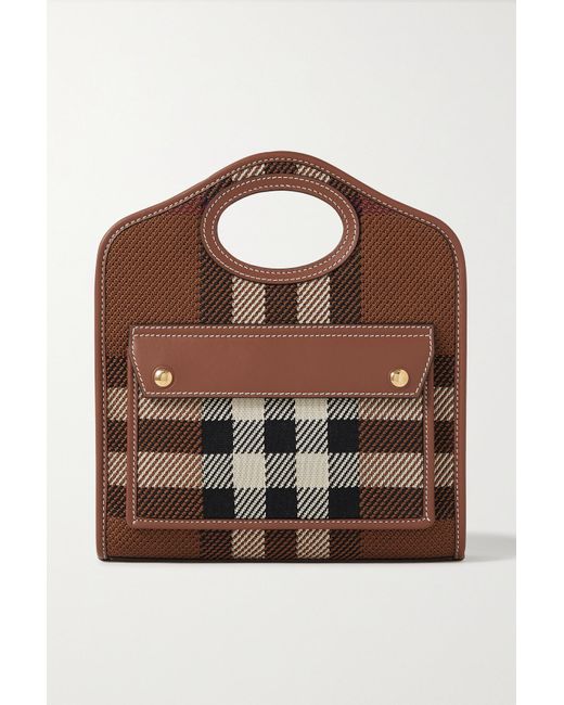 Burberry Mini Leather Trimmed Checked Canvas Tote In Brown Lyst