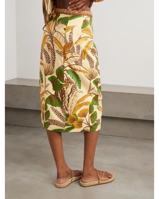 Farm Rio Metallic Tasseled Printed Linen-Blend Wrap Midi Skirt