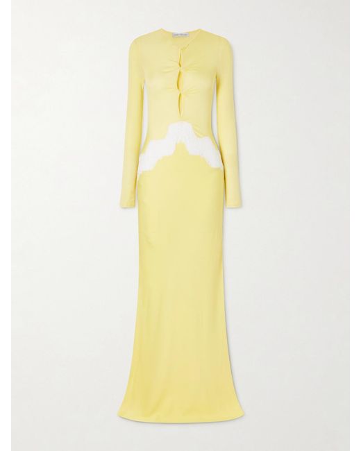 Christopher Esber Yellow Twisted-Front Cutout Lace-Trimmed Ribbed-Knit And Crepe Gown