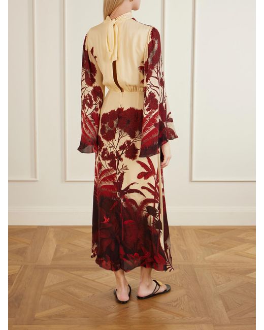 Johanna Ortiz Red Maiden Voyage Floral-Print Silk-Georgette Midi Dress