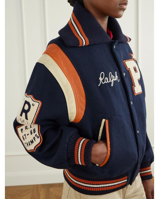 Polo Ralph Lauren Blue Embroidered Appliquéd Leather-Trimmed Wool-Blend Twill Jacket