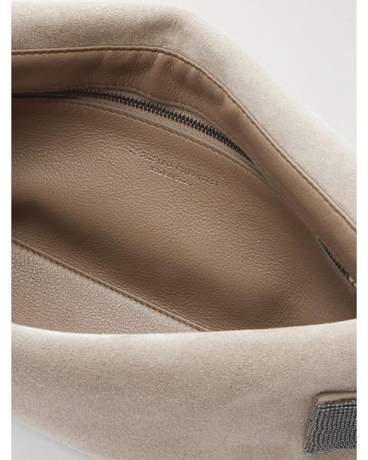 Brunello Cucinelli Natural Bead-Embellished Leather-Trimmed Suede Clutch