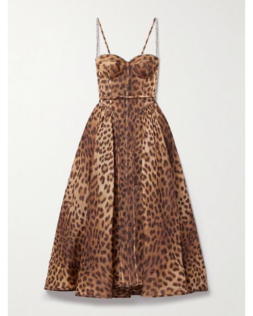 Zimmermann Brown Crush Belted Crystal-Embellished Leopard-Print Linen And Silk-Blend Organza Midi Dress