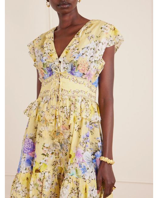 Mini-Robe En Voile De Lin À Imprimé Fleuri, Ornements Et Appliqués Camilla en coloris Yellow