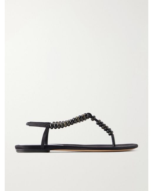 Le Monde Beryl Black Beaded Leather Flat Sandals