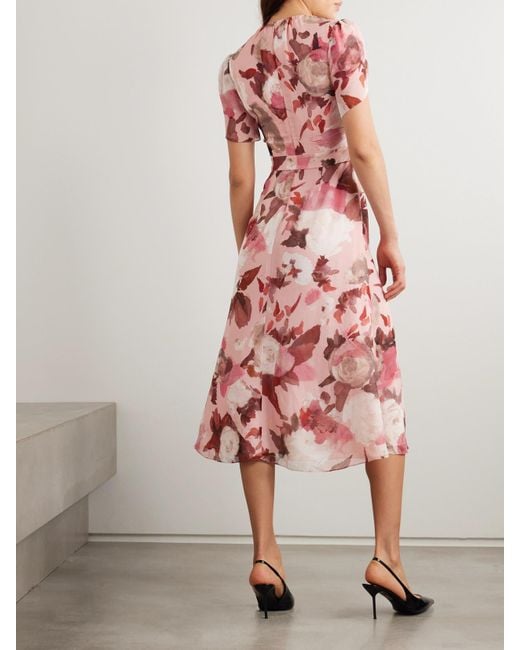 Erdem Pink Midikleid Aus Seiden-Voile Mit Blumenprint, Raffungen Und Bindegürtel
