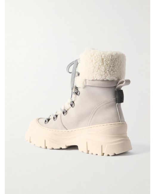 Brunello Cucinelli Natural Bead-Embellished Shearling-Lined Suede Ankle Boots