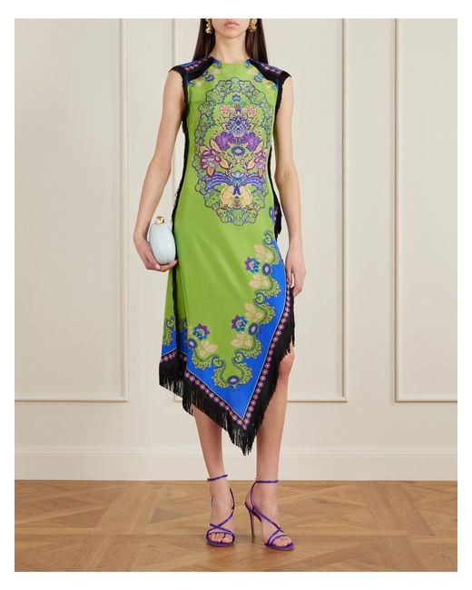 LaDoubleJ Green Fringed Asymmetric Printed Silk Midi Dress