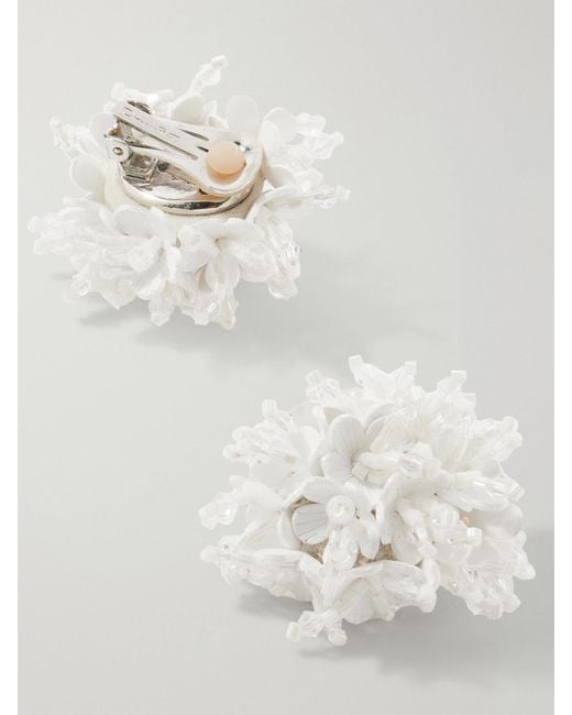 Oscar de la Renta White Bead-Embellished Clip Earrings