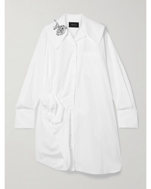 Simone Rocha White Embellished Gathered Cotton Shirt Dress