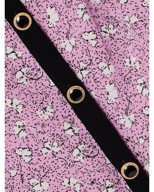 Alessandra Rich Pink Clover Bow And Button-Embellished Floral-Print Silk Mini Dress