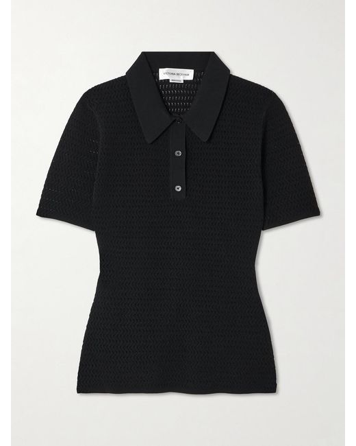 Victoria Beckham Black Pointelle-Knit Polo Shirt