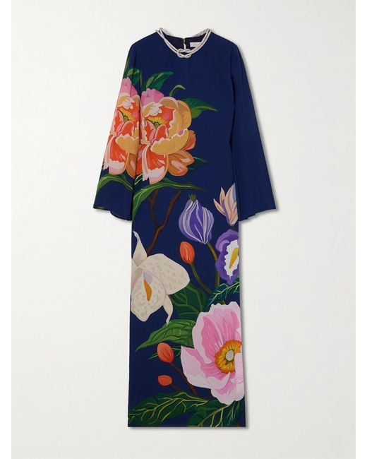 Borgo De Nor Blue Capucine Embellished Floral-Print Crepe De Chine Maxi Dress