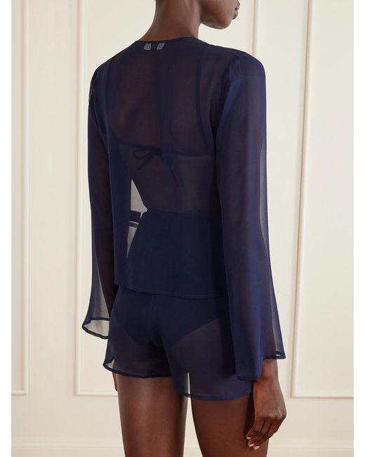 SARA CRISTINA Blue Nerea Pearl-Embellished Silk-Chiffon Blouse