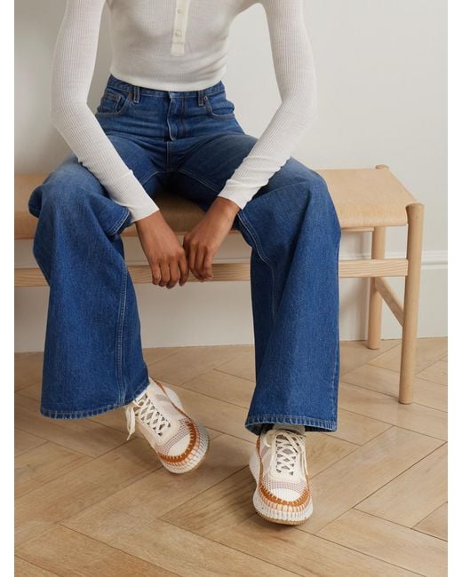 Chloé Natural Nama Embroidered Suede And Recycled-Mesh Sneakers
