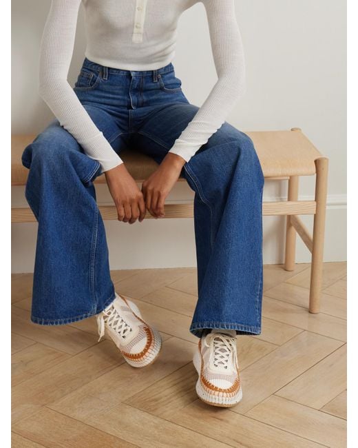Chloé Natural Nama Embroidered Suede And Recycled-Mesh Sneakers