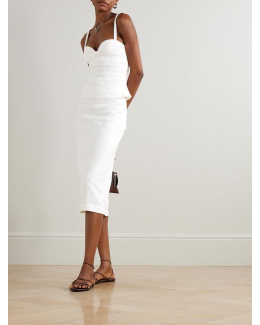 Sir White Alessandra Embroidered Linen Midi Skirt