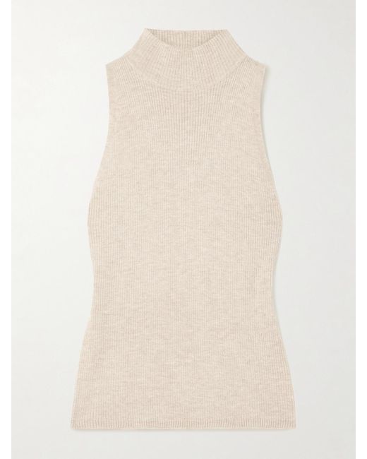 Brunello Cucinelli Natural Metallic Ribbed-Knit Turtleneck Tank