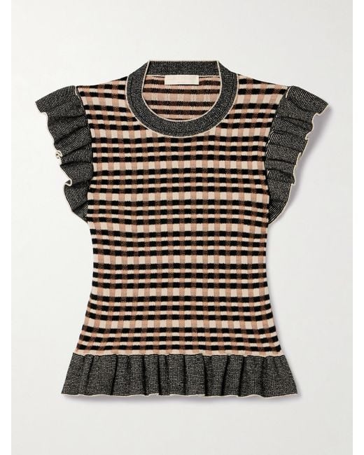 Ulla Johnson Black Rea Ruffled Checked Jacquard-Knit Top