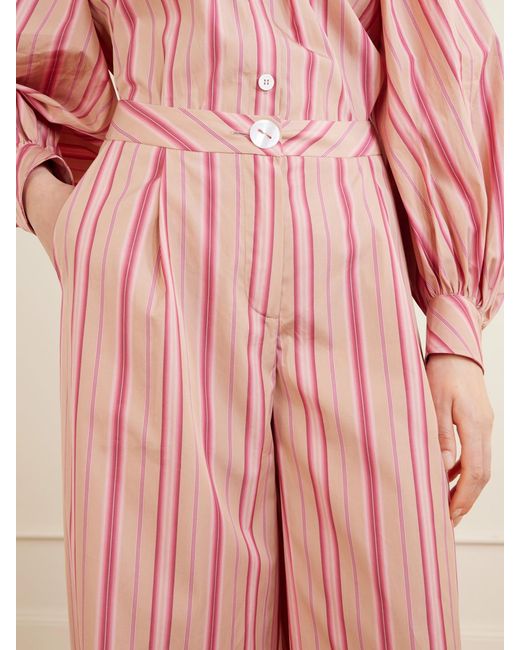 Thierry Colson Pink Loulou Pleated Striped Cotton-Poplin Wide-Leg Pants