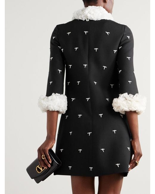 Valentino Garavani Black Ruffled Bow-Detailed Embellished Mesh-Trimmed Wool And Silk-Blend Crepe Mini Dress