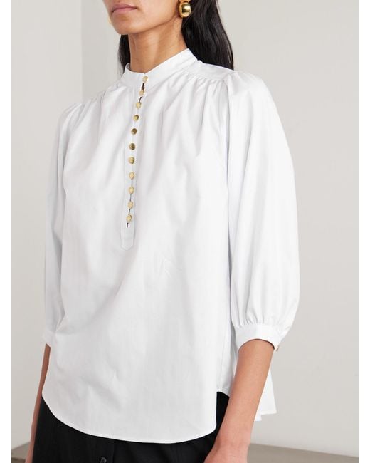 Maison Mayle White Vivi Pleated Herringbone Cotton Blouse