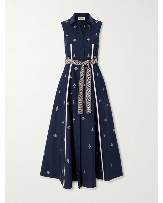 Emporio Sirenuse Blue Belted Embroidered Cotton-Poplin Midi Dress