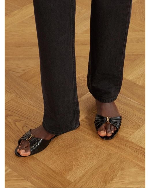 Saint Laurent White Babylone Embellished Gathered Glossed-Leather Slides