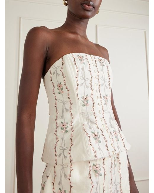 Agua Bendita Natural Abelia Navegante Floral-Embroidered Linen Corset Top
