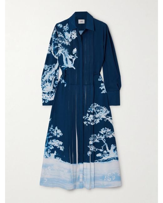 Erdem Blue Printed Crepe De Chine Midi Dress