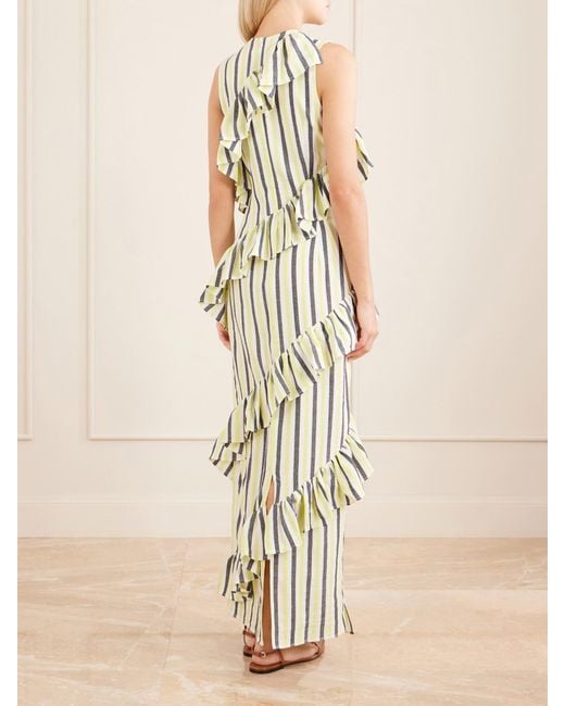 Marrakshi Life White Spiral Ruffled Striped Cotton Maxi Dress