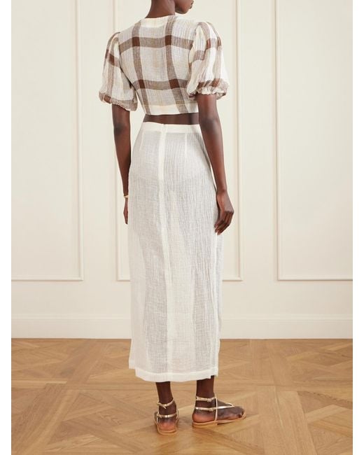 Lisa Marie Fernandez Natural Pouf Cropped Checked Linen-Blend Crepon Blouse