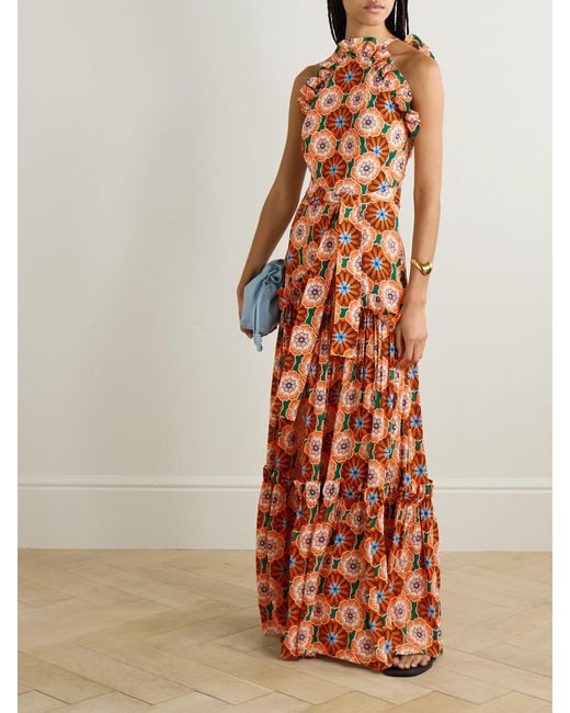 Borgo De Nor White Tatiana Belted Ruffled Printed Crepe Maxi Dress