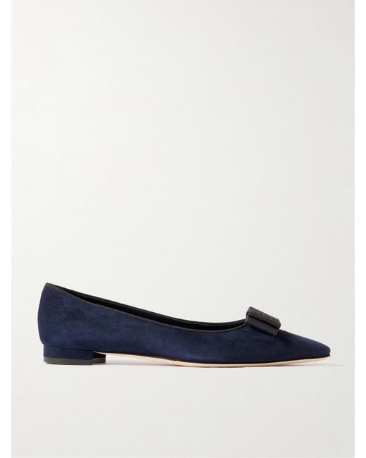 Manolo Blahnik Blue Reador 10 Bow-Detailed Suede Point-Toe Flats