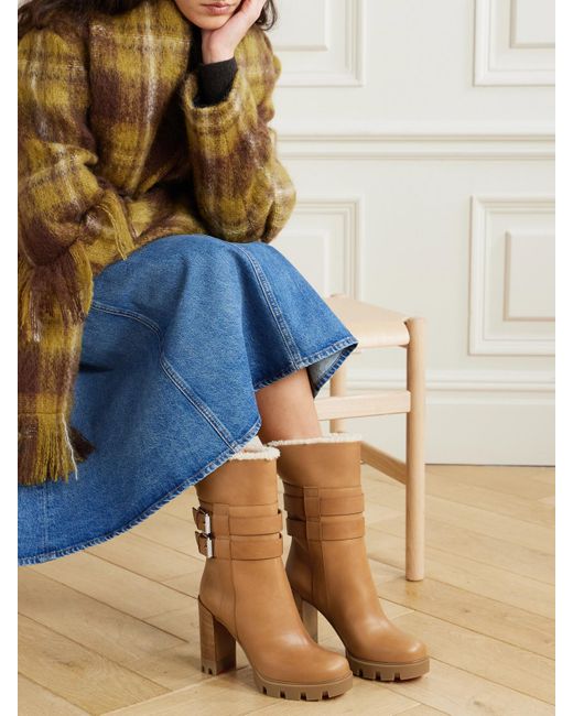 Christian Louboutin Brown Elisawalk 100 Lederstiefel Mit Shearling-Futter Und Schnallen