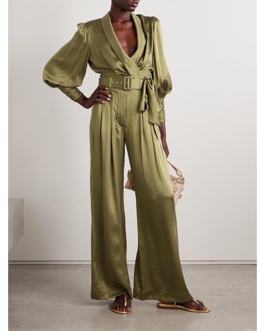Zimmermann Green Belted Pleated Silk-Satin Wide-Leg Pants