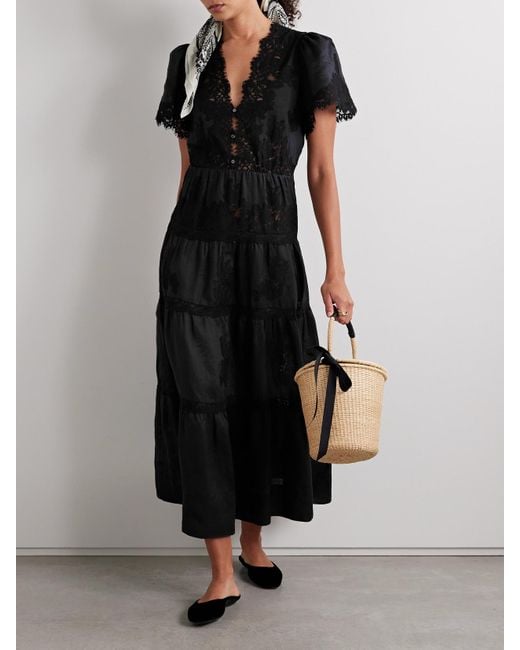 Doen Graciela Tiered Corded Lace-Paneled Ramie Midi Dress in Black | Lyst Doen Graciela Tiered Corded Lace-Paneled Ramie Midi Dress in Black | Lyst