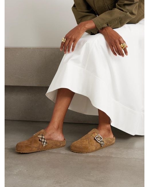 Burberry Brown Urchin Canvas-Jacquard Trimmed Textured-Suede Clogs