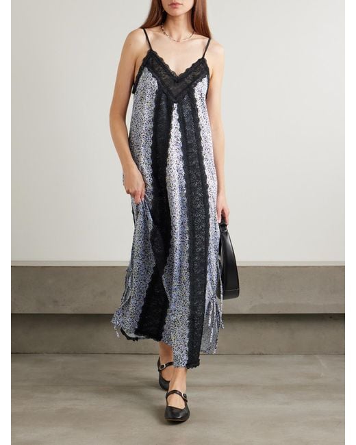 Kika Vargas Blue Sunita Tie-Detailed Lace-Trimmed Leopard-Print Stretch-Satin Maxi Dress